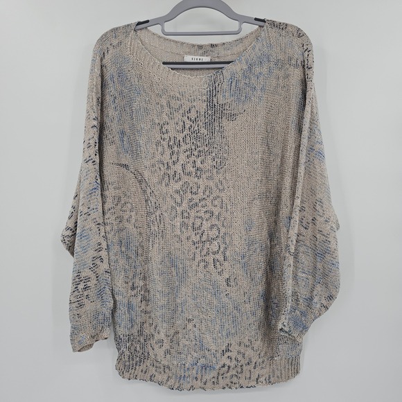 Sioni Womens Abstract Animal Print Open Knit Dolman Sleeve Sweater Beige Blue M - Picture 2 of 10